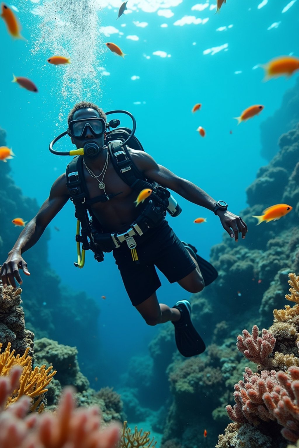 man scuba diving in a stunning coral reef, surrounded by colorful fish