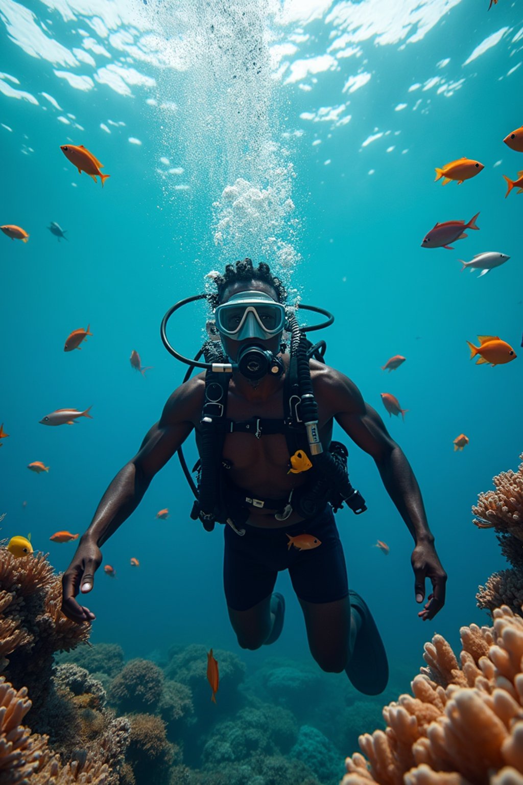 man scuba diving in a stunning coral reef, surrounded by colorful fish