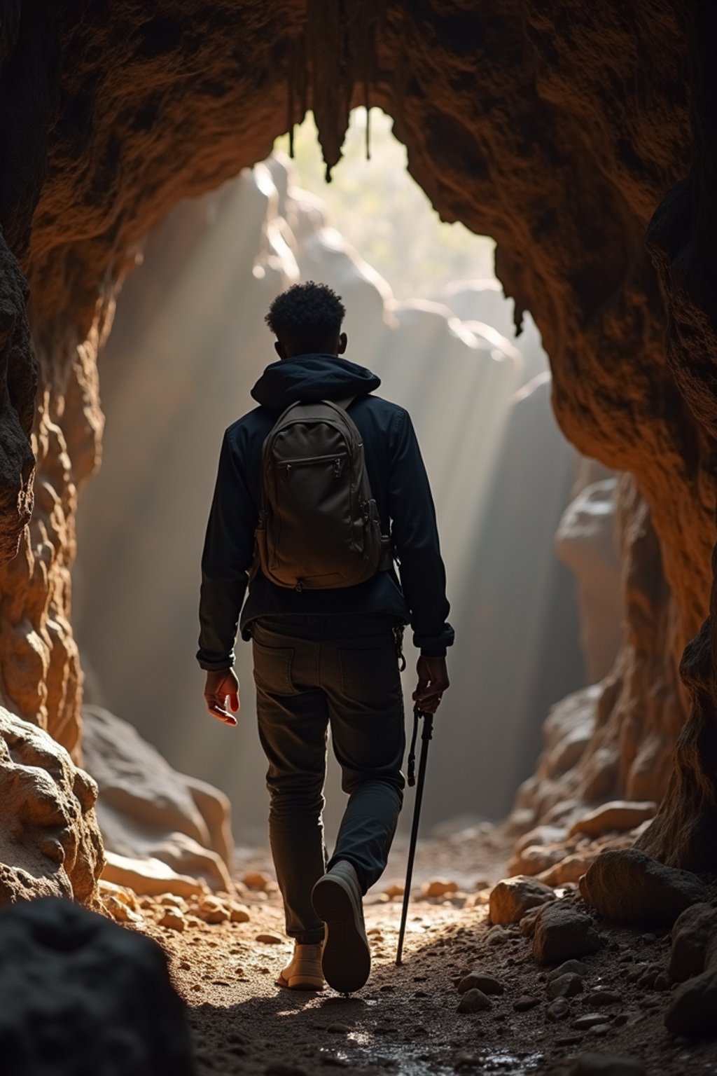 man as individual hiking through an impressive cave system