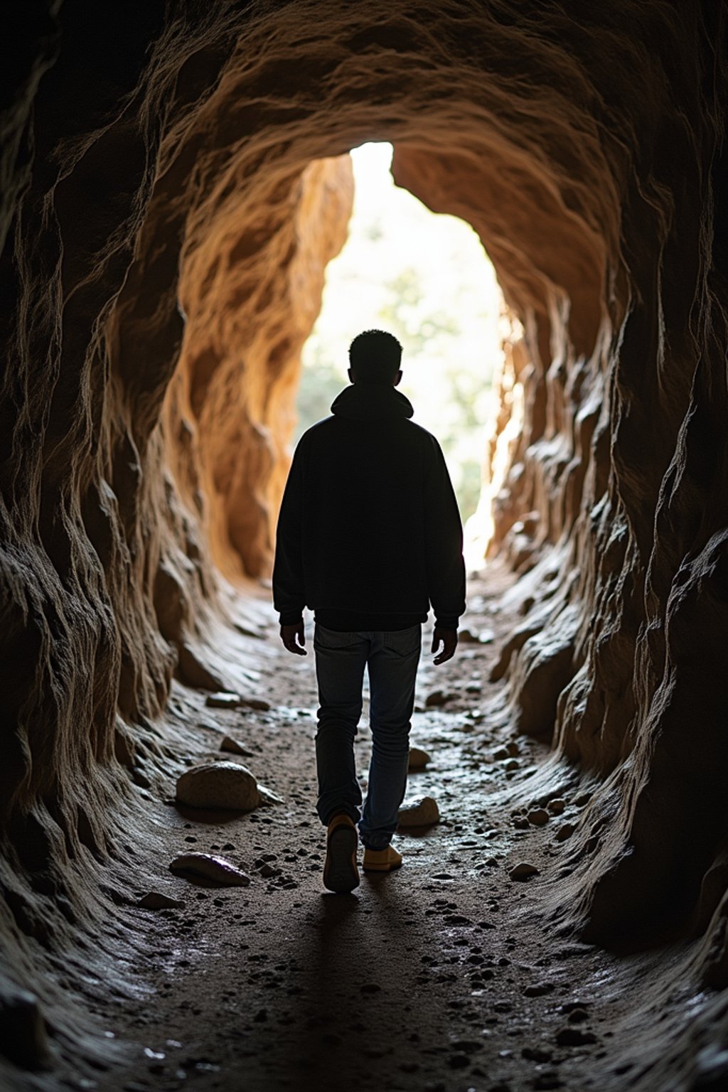 man as individual hiking through an impressive cave system