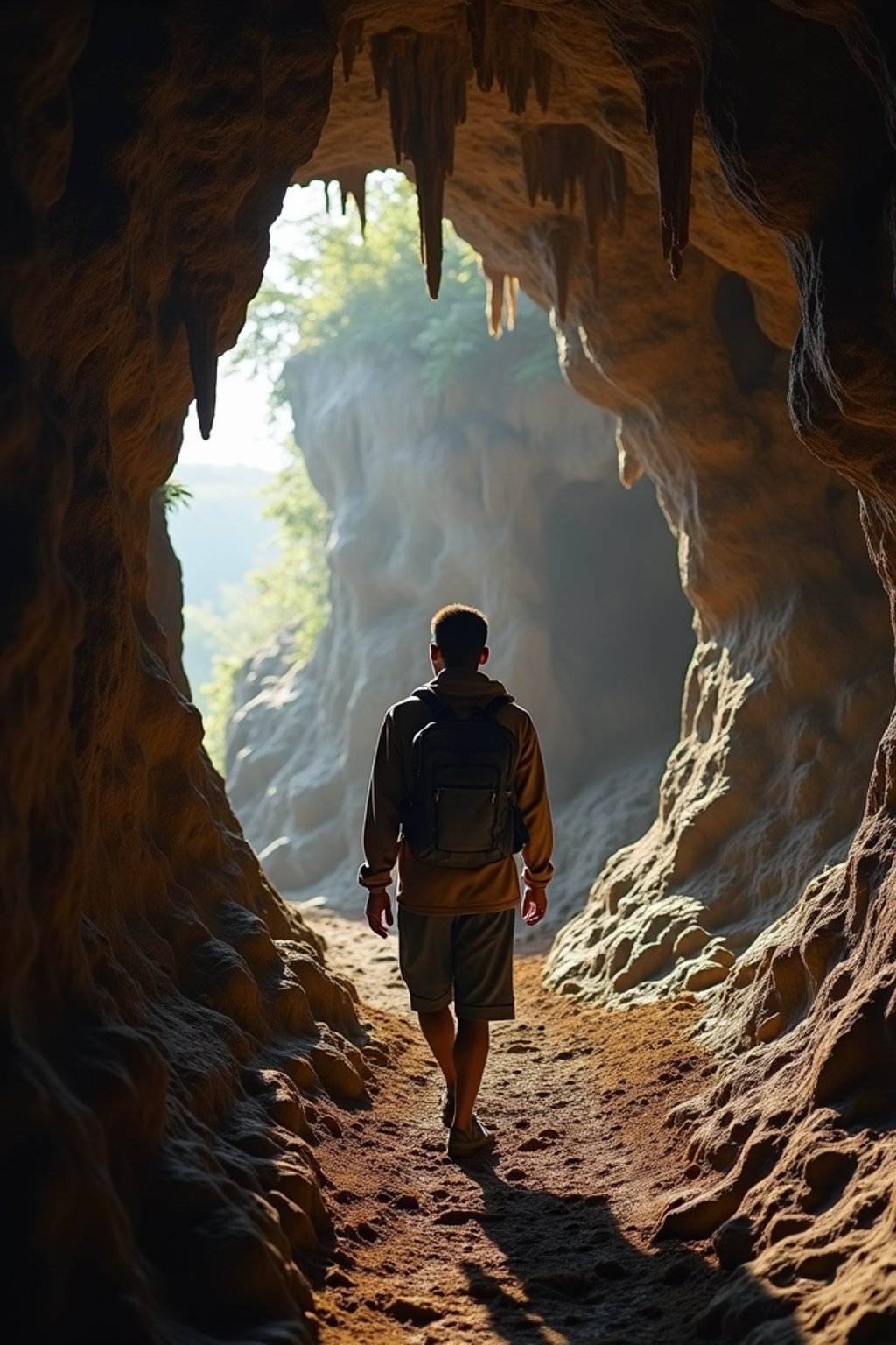 man as individual hiking through an impressive cave system