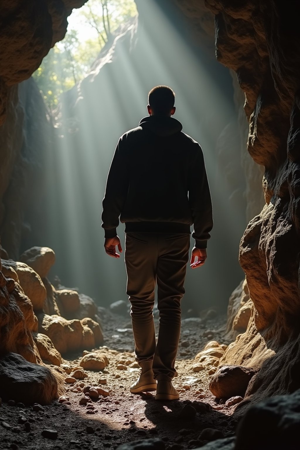 man as individual hiking through an impressive cave system