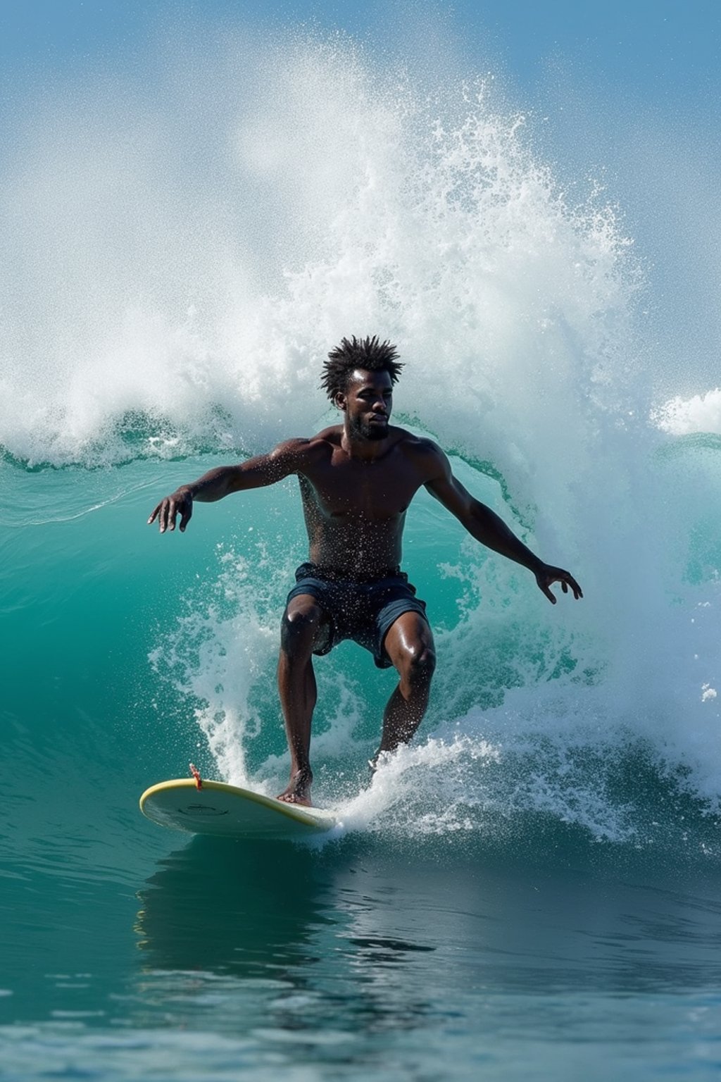 man as individual surfing a massive wave in a clear, blue ocean