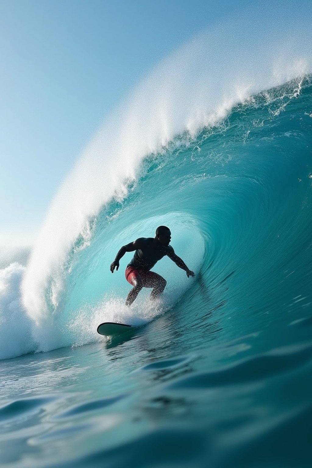 man as individual surfing a massive wave in a clear, blue ocean