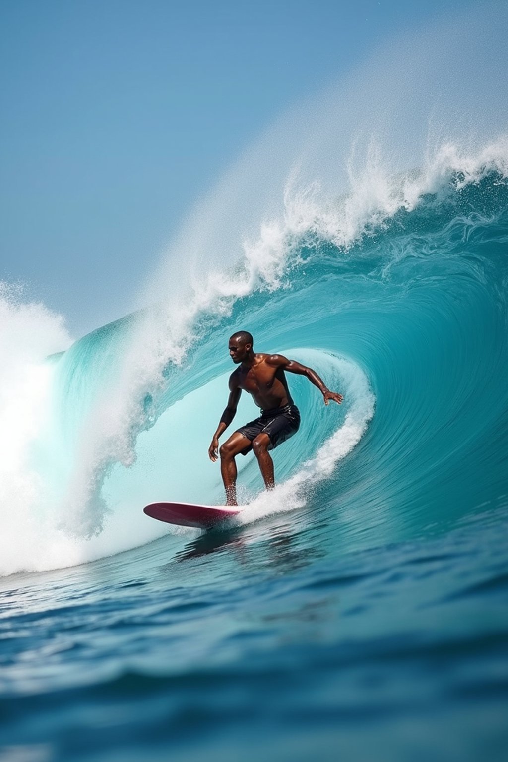 man as individual surfing a massive wave in a clear, blue ocean