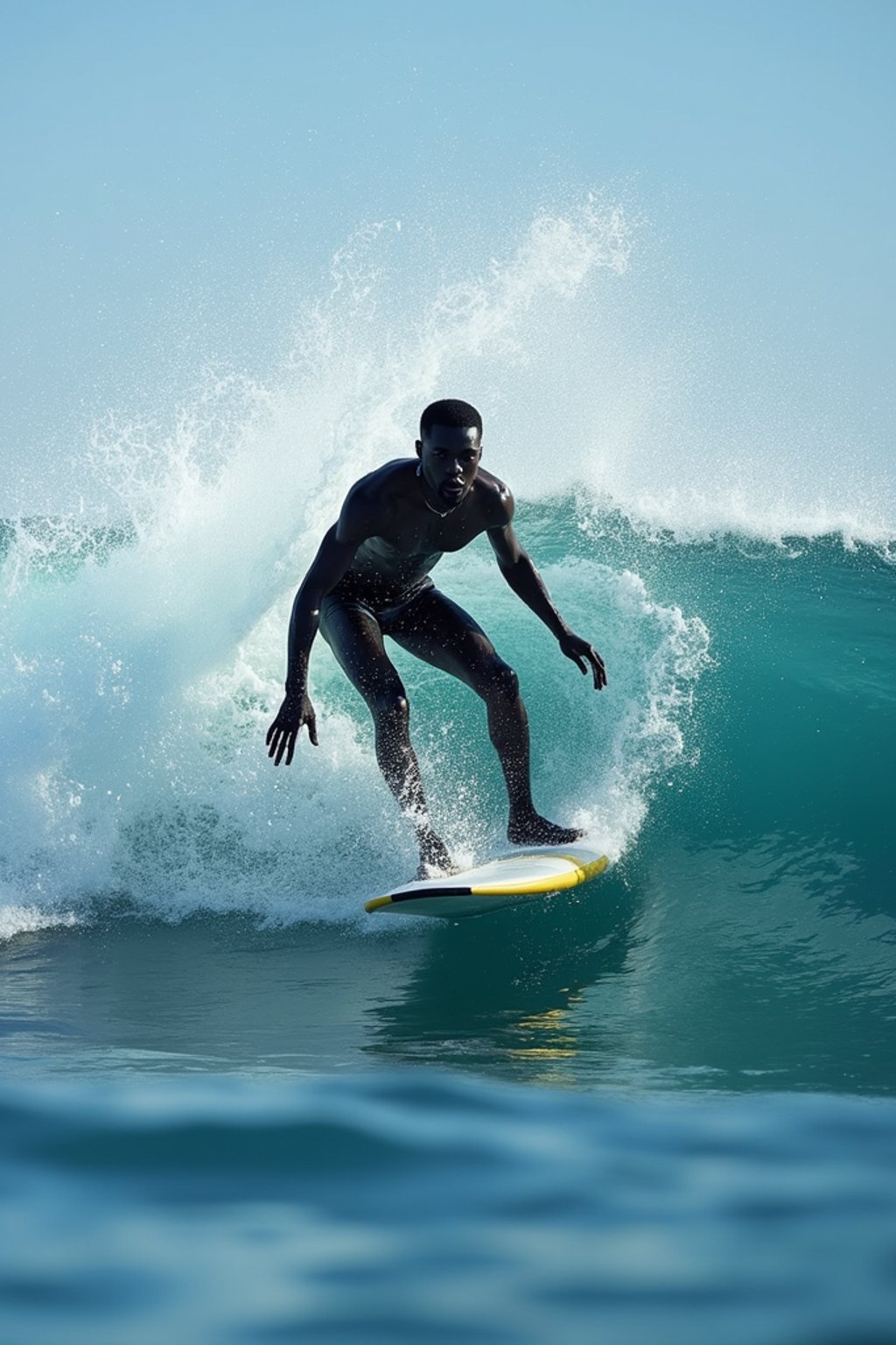 man as individual surfing a massive wave in a clear, blue ocean