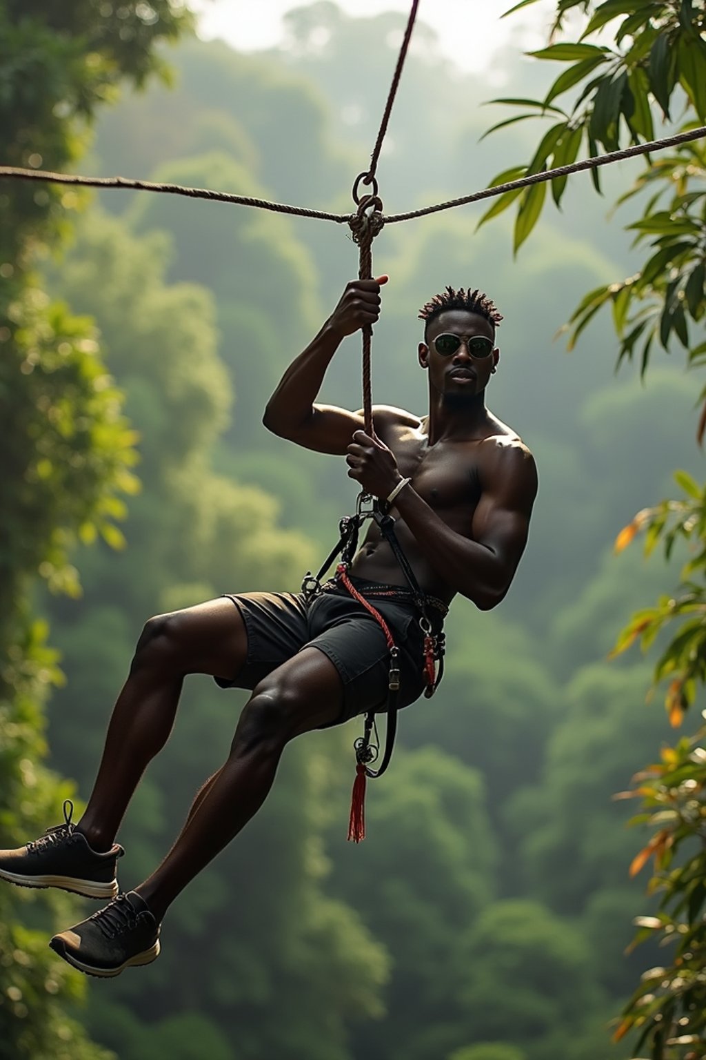 man zip-lining through a tropical rainforest canopy