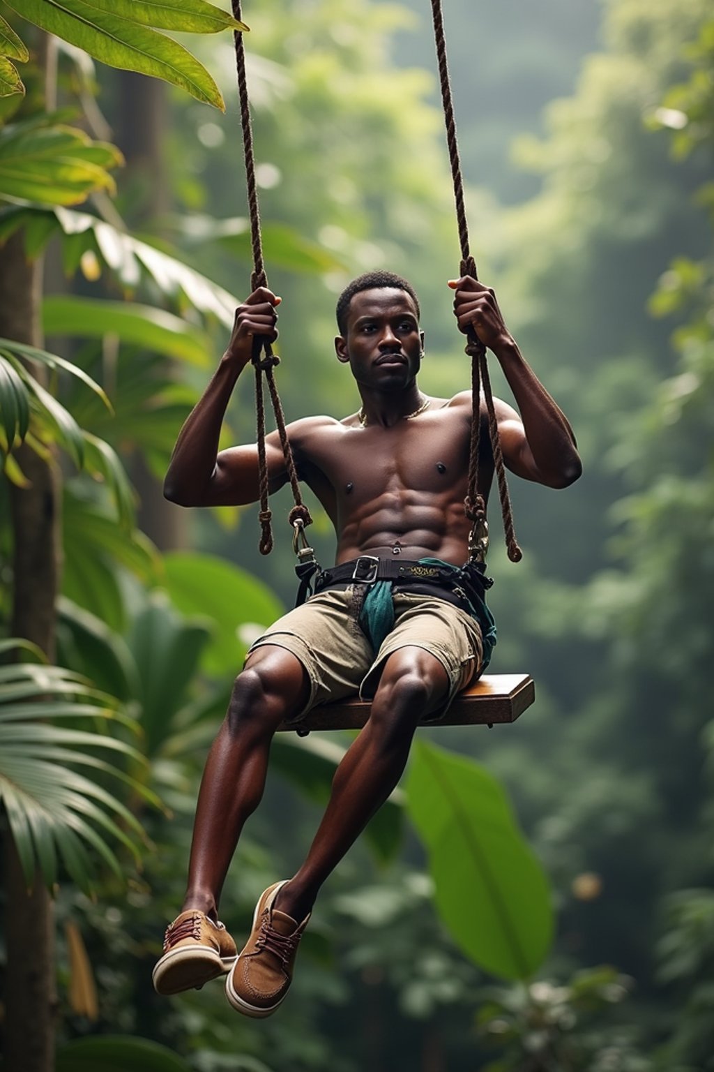 man zip-lining through a tropical rainforest canopy