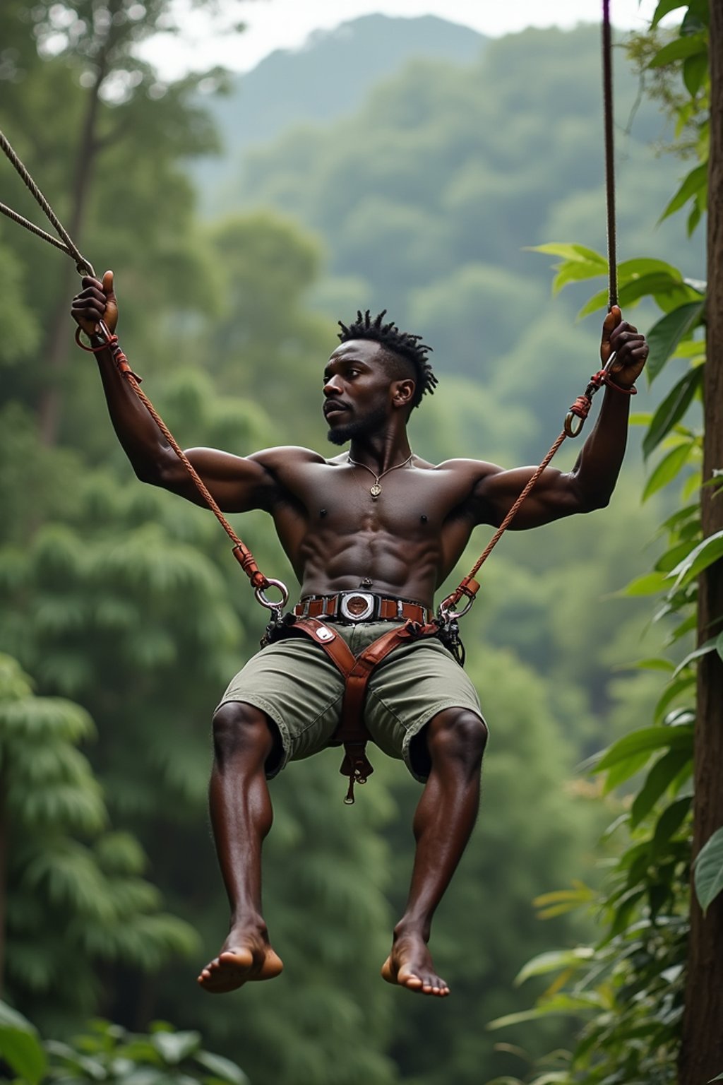 man zip-lining through a tropical rainforest canopy