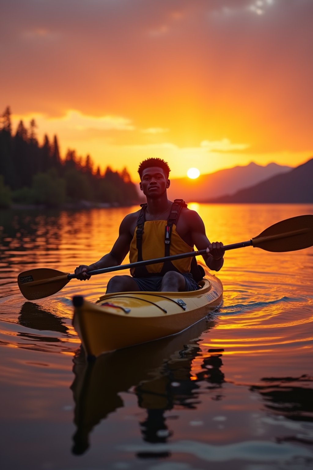 man as explorer kayaking in a serene lake with a mesmerizing sunset backdrop