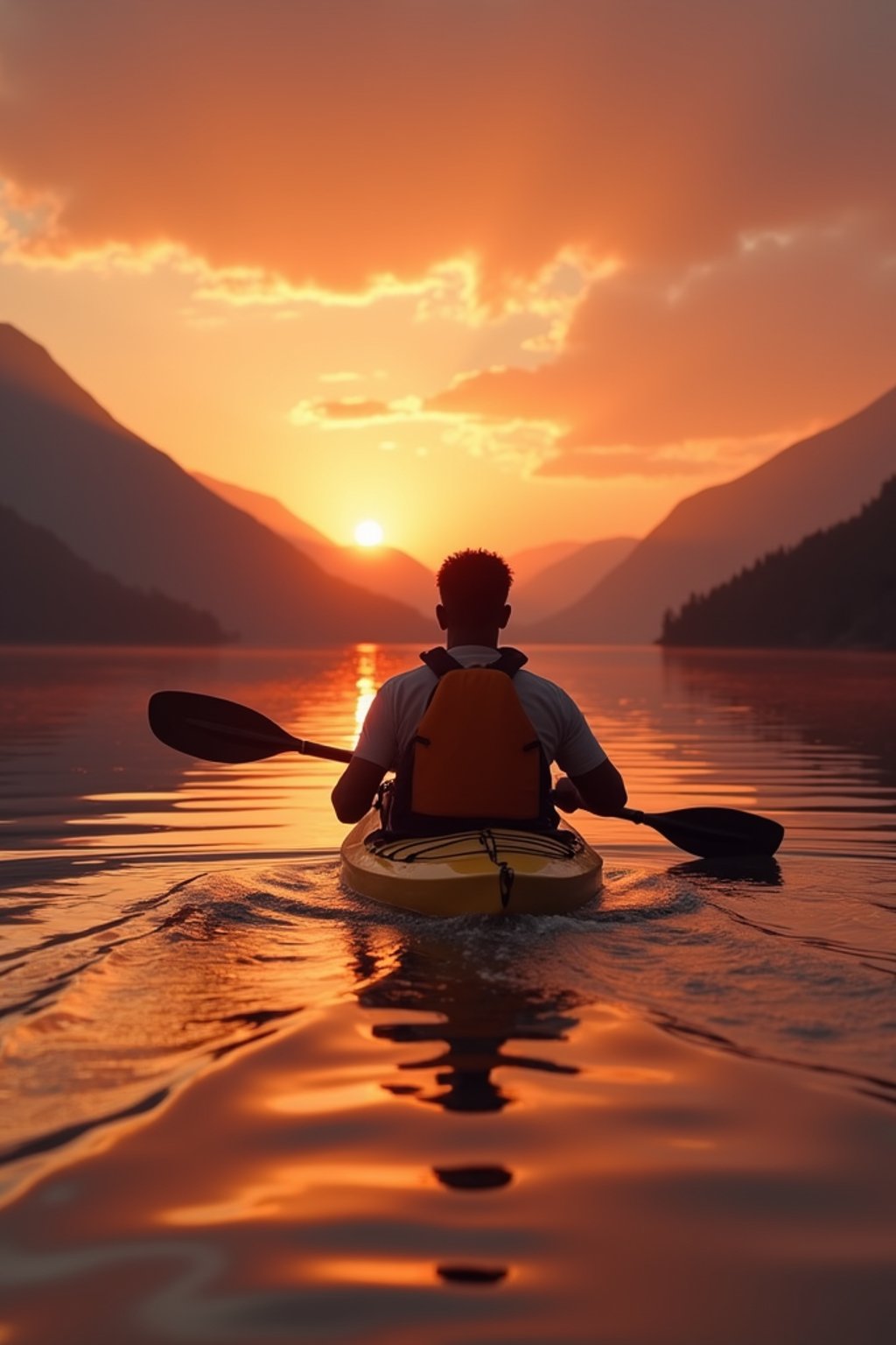 man as explorer kayaking in a serene lake with a mesmerizing sunset backdrop