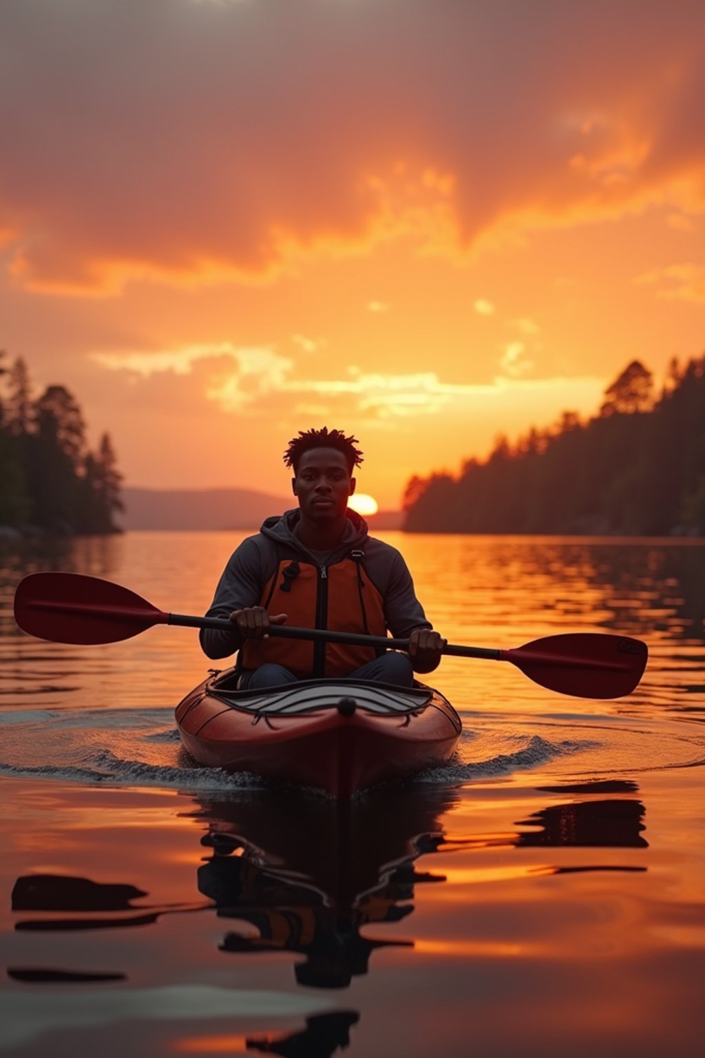 man as explorer kayaking in a serene lake with a mesmerizing sunset backdrop