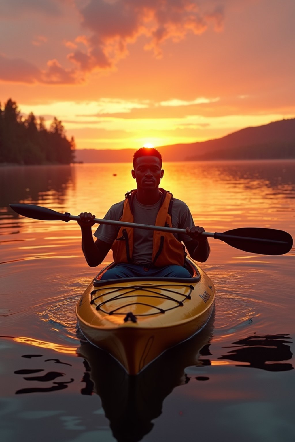 man as explorer kayaking in a serene lake with a mesmerizing sunset backdrop