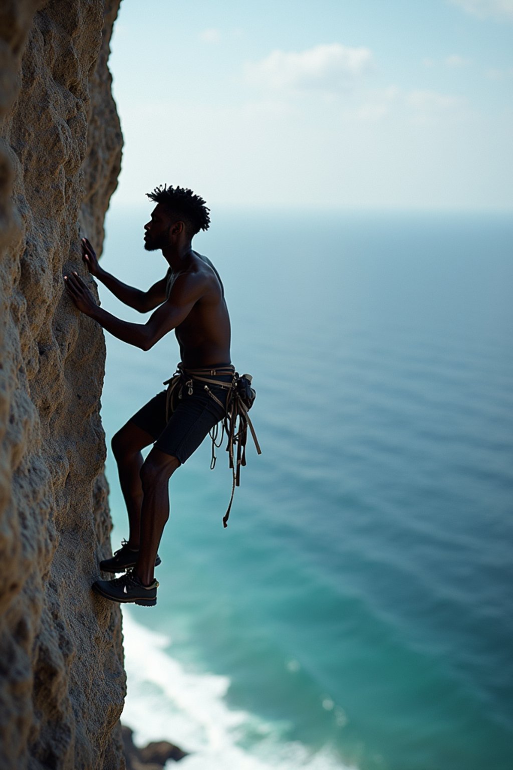 man as adventurer rock climbing a daunting cliff with a breathtaking sea view