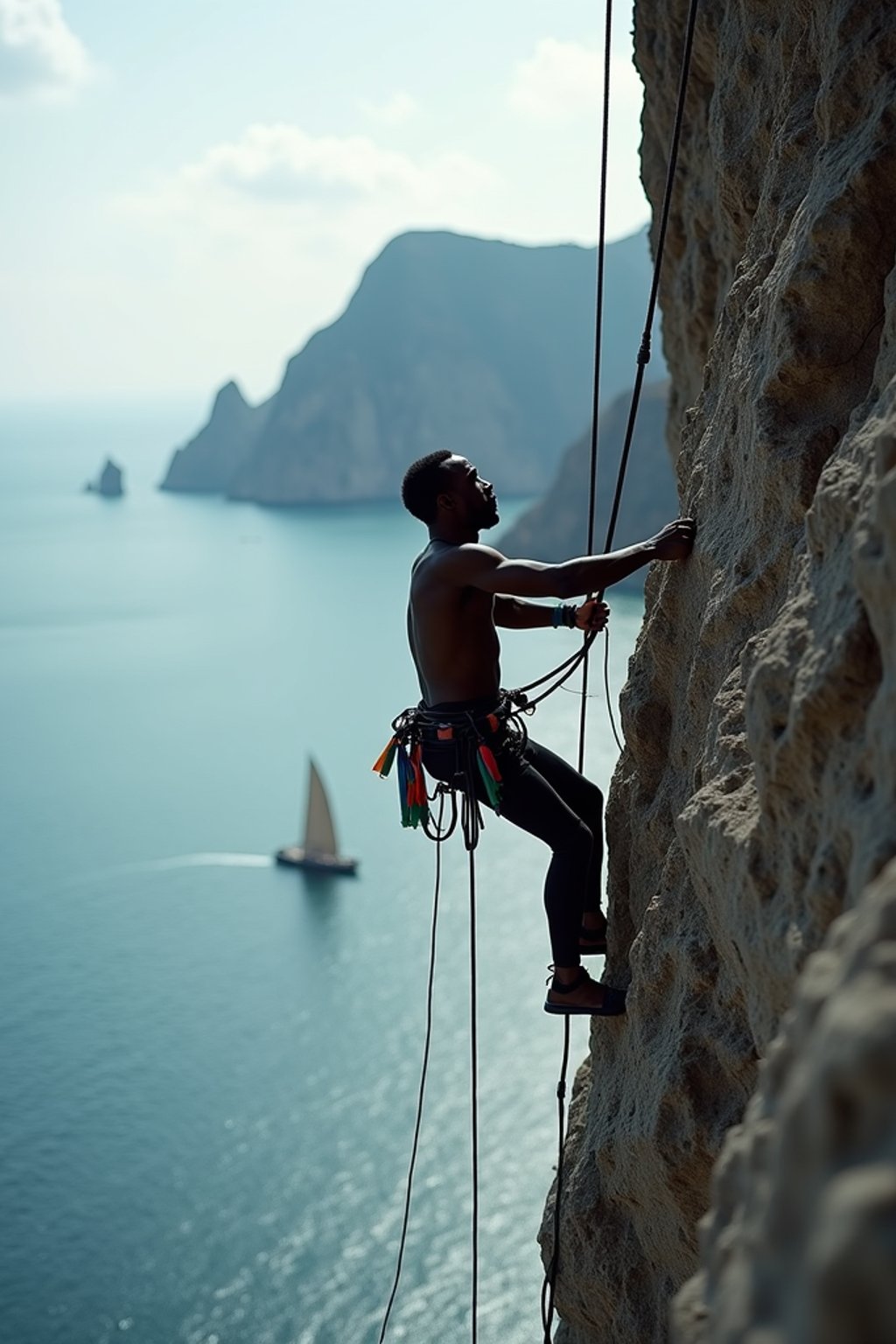 man as adventurer rock climbing a daunting cliff with a breathtaking sea view