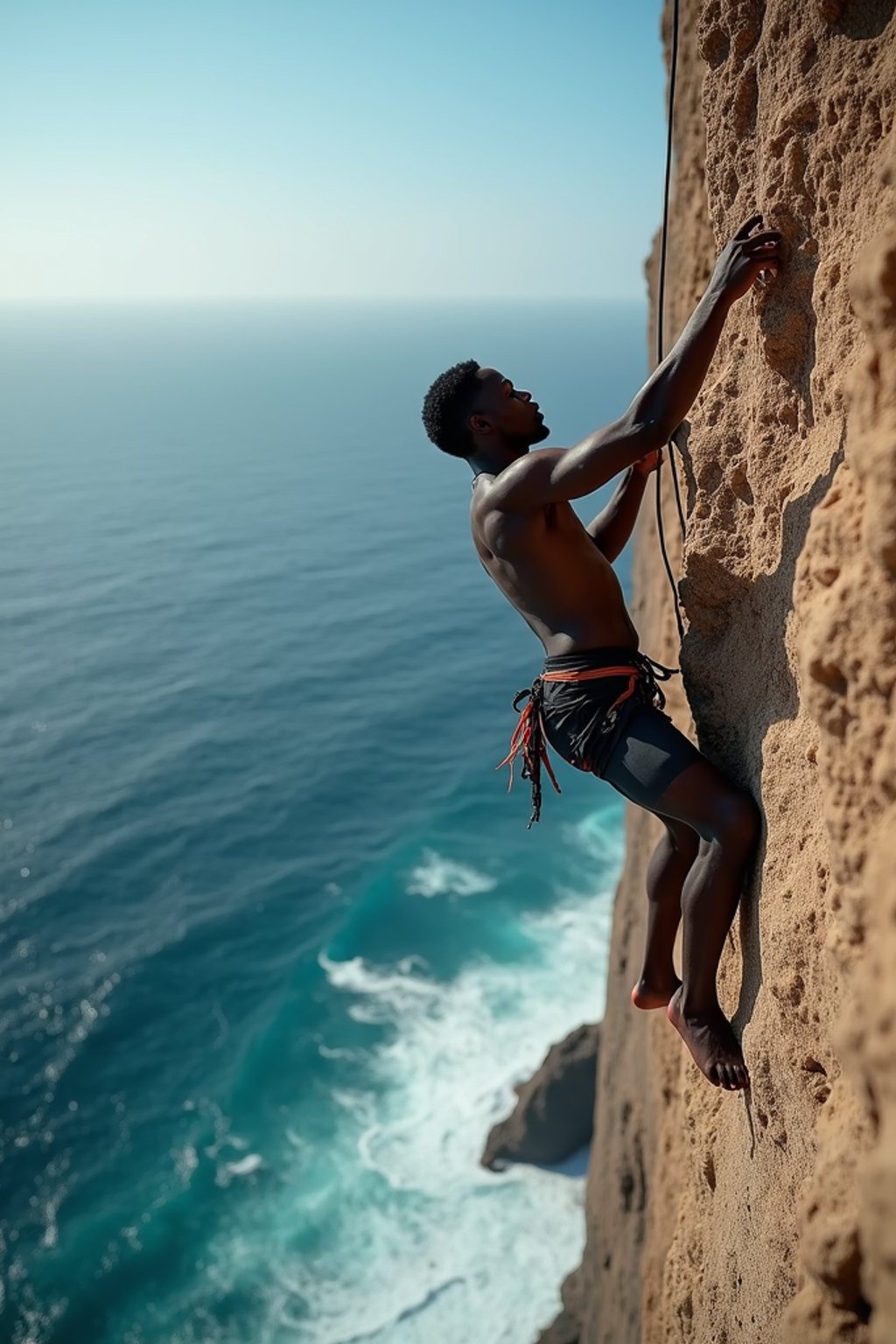 man as adventurer rock climbing a daunting cliff with a breathtaking sea view