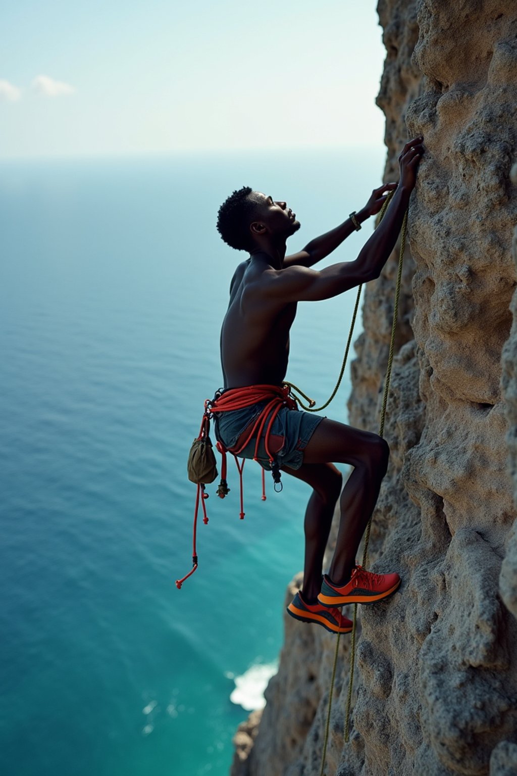 man as adventurer rock climbing a daunting cliff with a breathtaking sea view