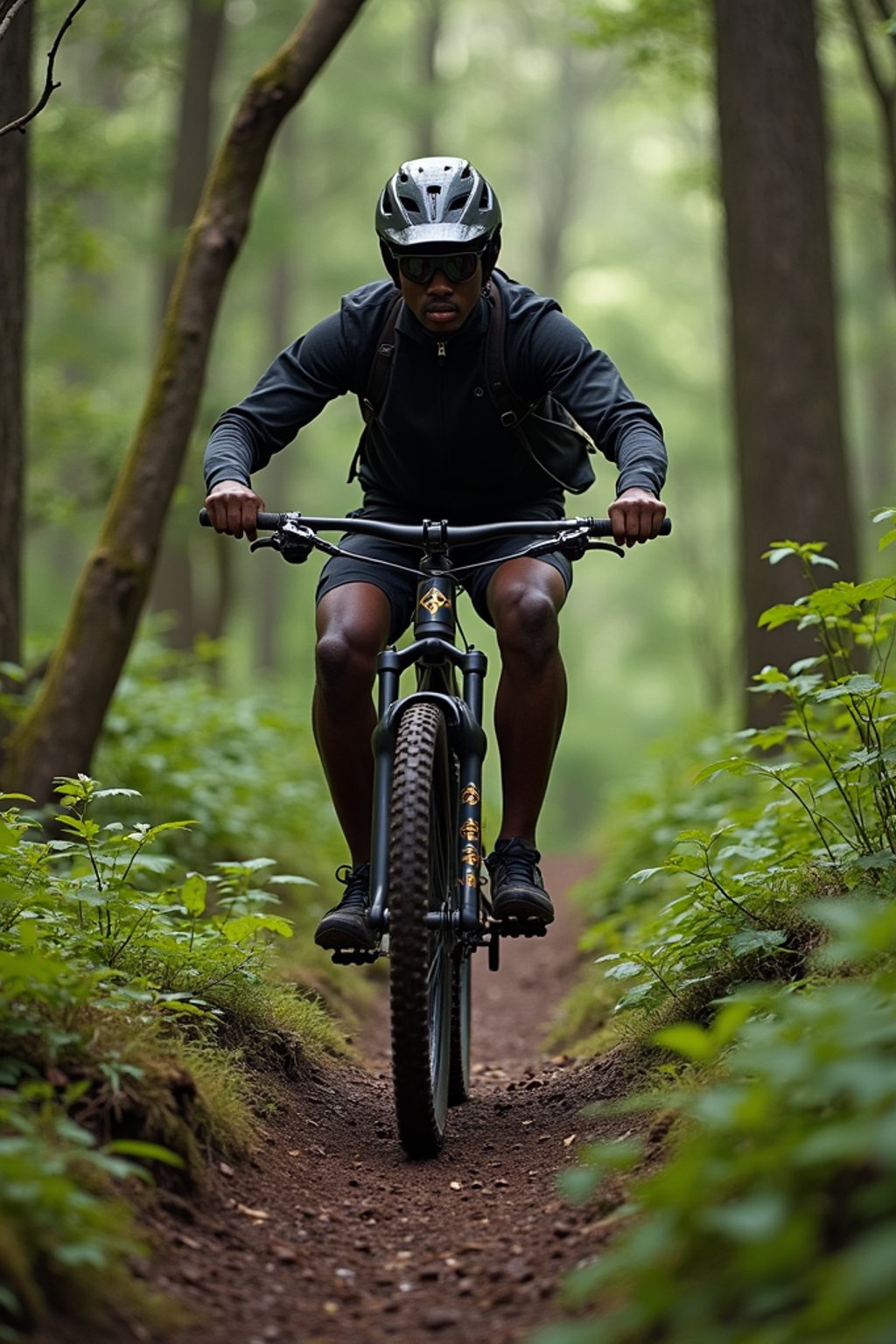 man as individual mountain biking through a dense forest trail