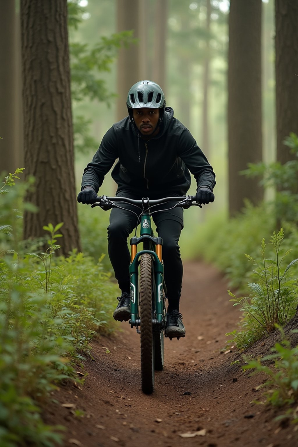 man as individual mountain biking through a dense forest trail