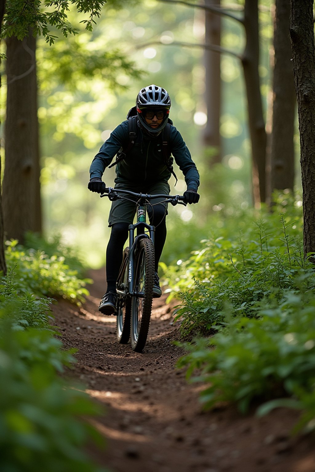 man as individual mountain biking through a dense forest trail