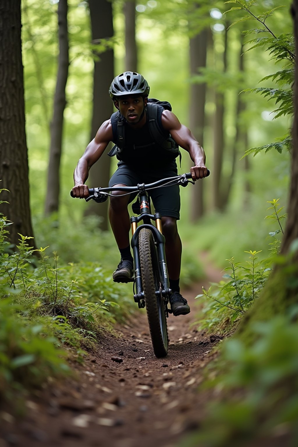 man as individual mountain biking through a dense forest trail