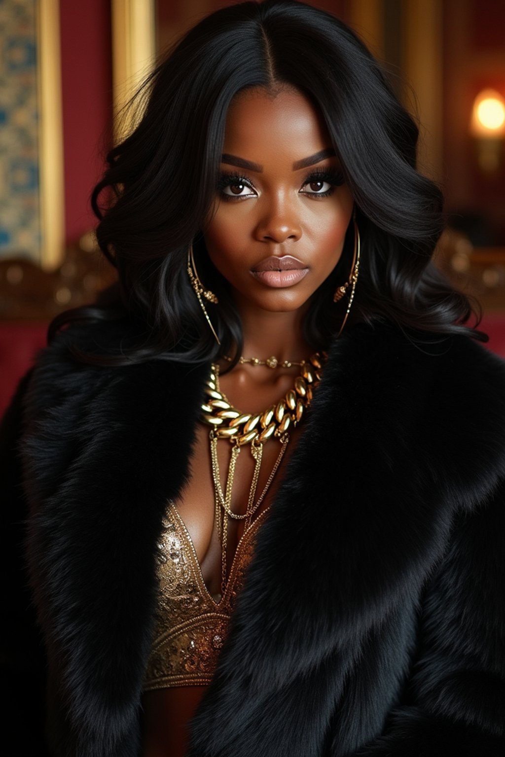 beautiful woman as a mobster, mafia, mafia outfit, faux fur coats, chunky gold jewelry, mafia aesthetic, flashy, glamorous, luxury, loud, Goodfellas, The Sopranos, Mob Wives, opulence, confidence