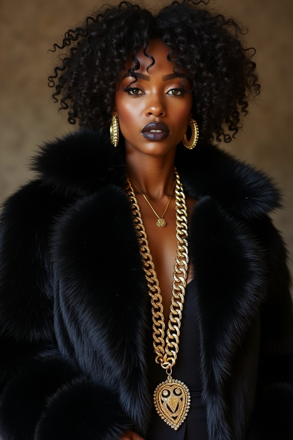 beautiful woman as a mobster, mafia, mafia outfit, faux fur coats, chunky gold jewelry, mafia aesthetic, flashy, glamorous, luxury, loud, Goodfellas, The Sopranos, Mob Wives, opulence, confidence