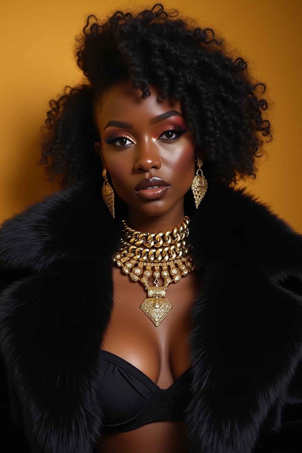 beautiful woman as a mobster, mafia, mafia outfit, faux fur coats, chunky gold jewelry, mafia aesthetic, flashy, glamorous, luxury, loud, Goodfellas, The Sopranos, Mob Wives, opulence, confidence