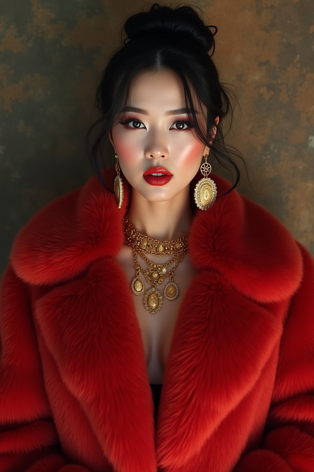 beautiful woman as a mobster, mafia, mafia outfit, faux fur coats, chunky gold jewelry, mafia aesthetic, flashy, glamorous, luxury, loud, Goodfellas, The Sopranos, Mob Wives, opulence, confidence