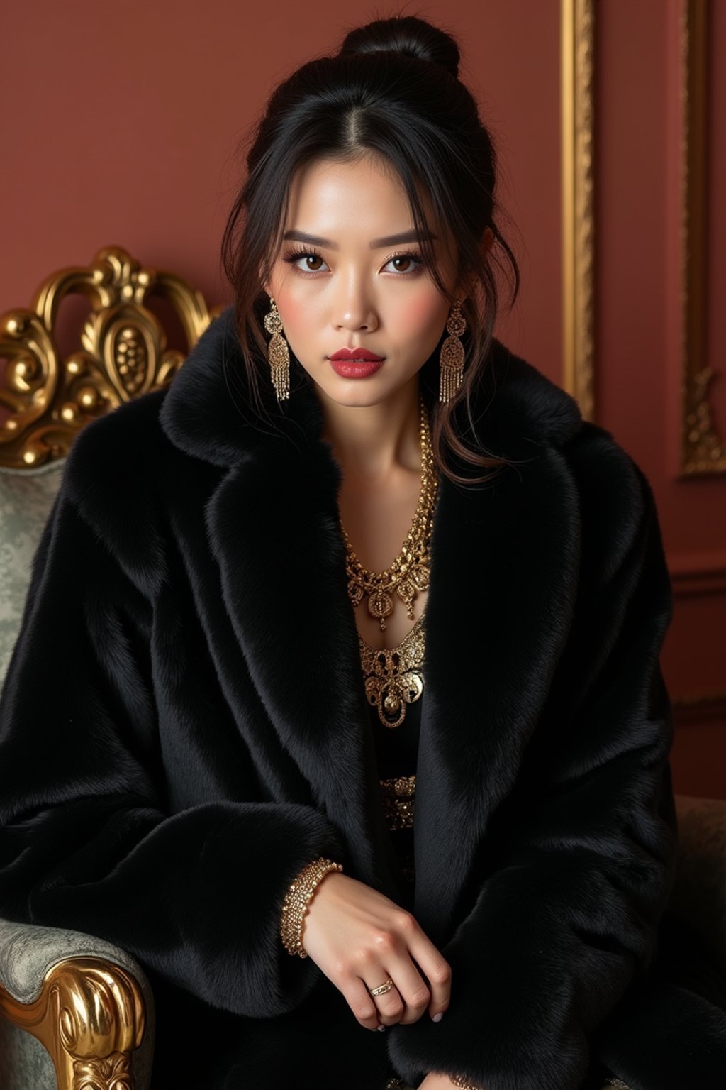 beautiful woman as a mobster, mafia, mafia outfit, faux fur coats, chunky gold jewelry, mafia aesthetic, flashy, glamorous, luxury, loud, Goodfellas, The Sopranos, Mob Wives, opulence, confidence