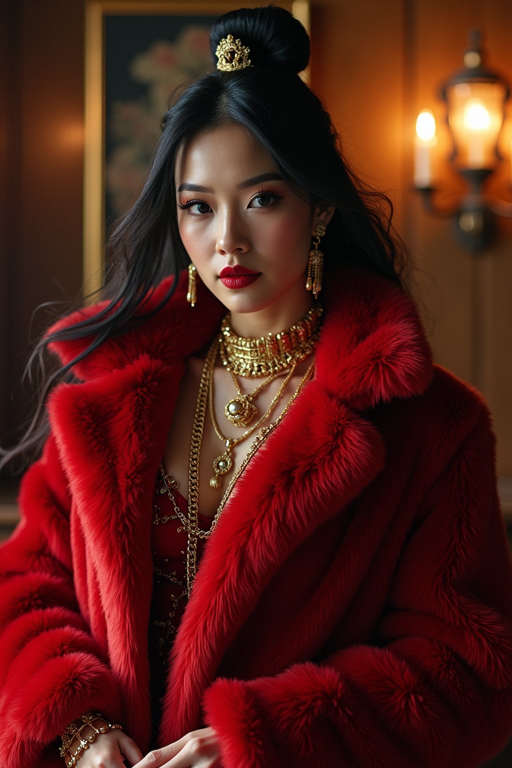 beautiful woman as a mobster, mafia, mafia outfit, faux fur coats, chunky gold jewelry, mafia aesthetic, flashy, glamorous, luxury, loud, Goodfellas, The Sopranos, Mob Wives, opulence, confidence