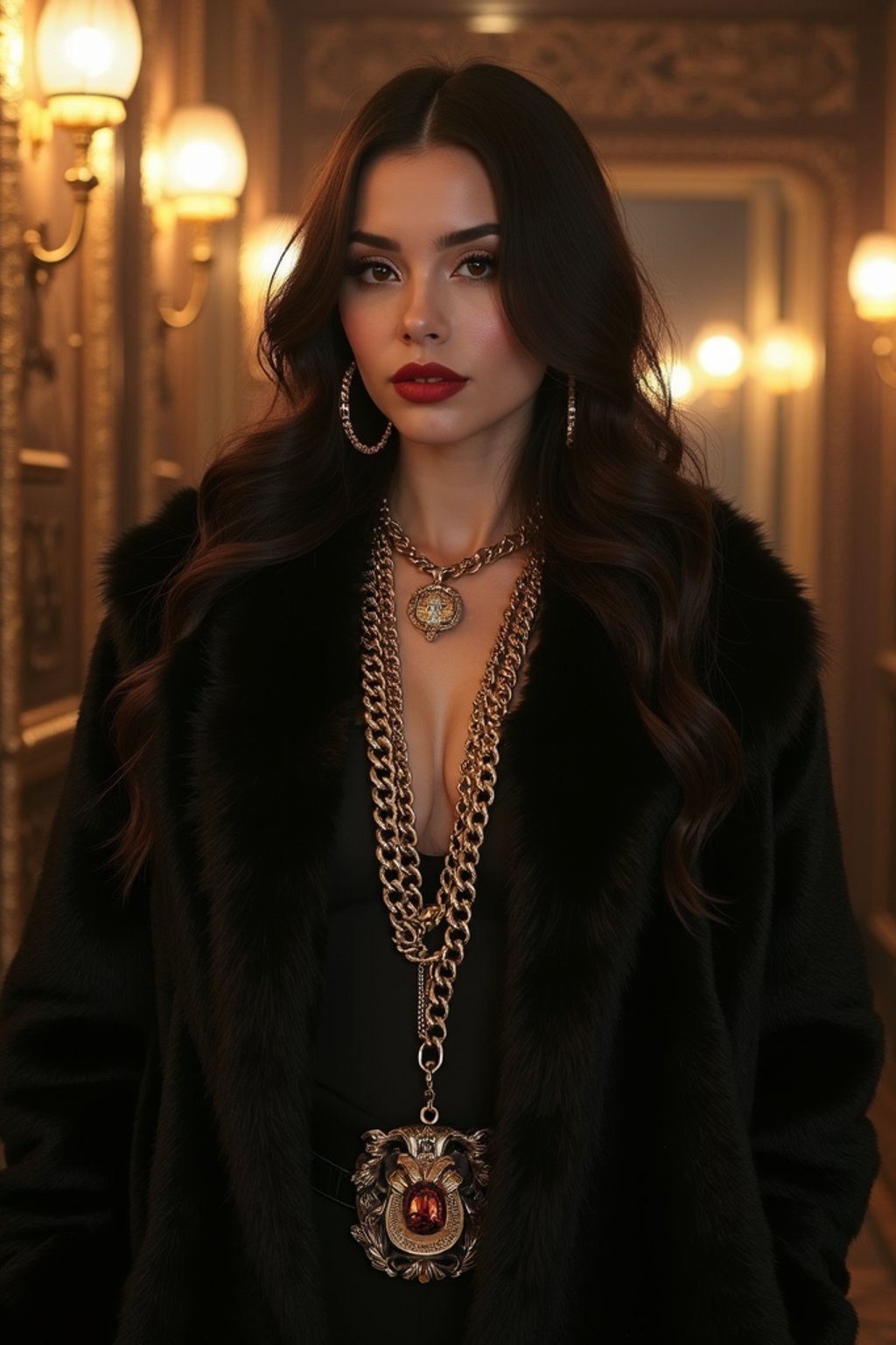 beautiful woman as a mobster, mafia, mafia outfit, faux fur coats, chunky gold jewelry, mafia aesthetic, flashy, glamorous, luxury, loud, Goodfellas, The Sopranos, Mob Wives, opulence, confidence