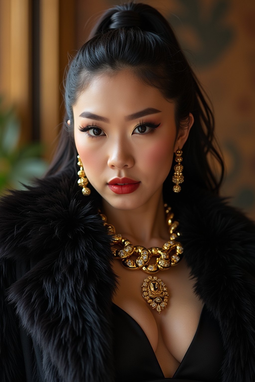 beautiful woman as a mobster, mafia, mafia outfit, faux fur coats, chunky gold jewelry, mafia aesthetic, flashy, glamorous, luxury, loud, Goodfellas, The Sopranos, Mob Wives, opulence, confidence