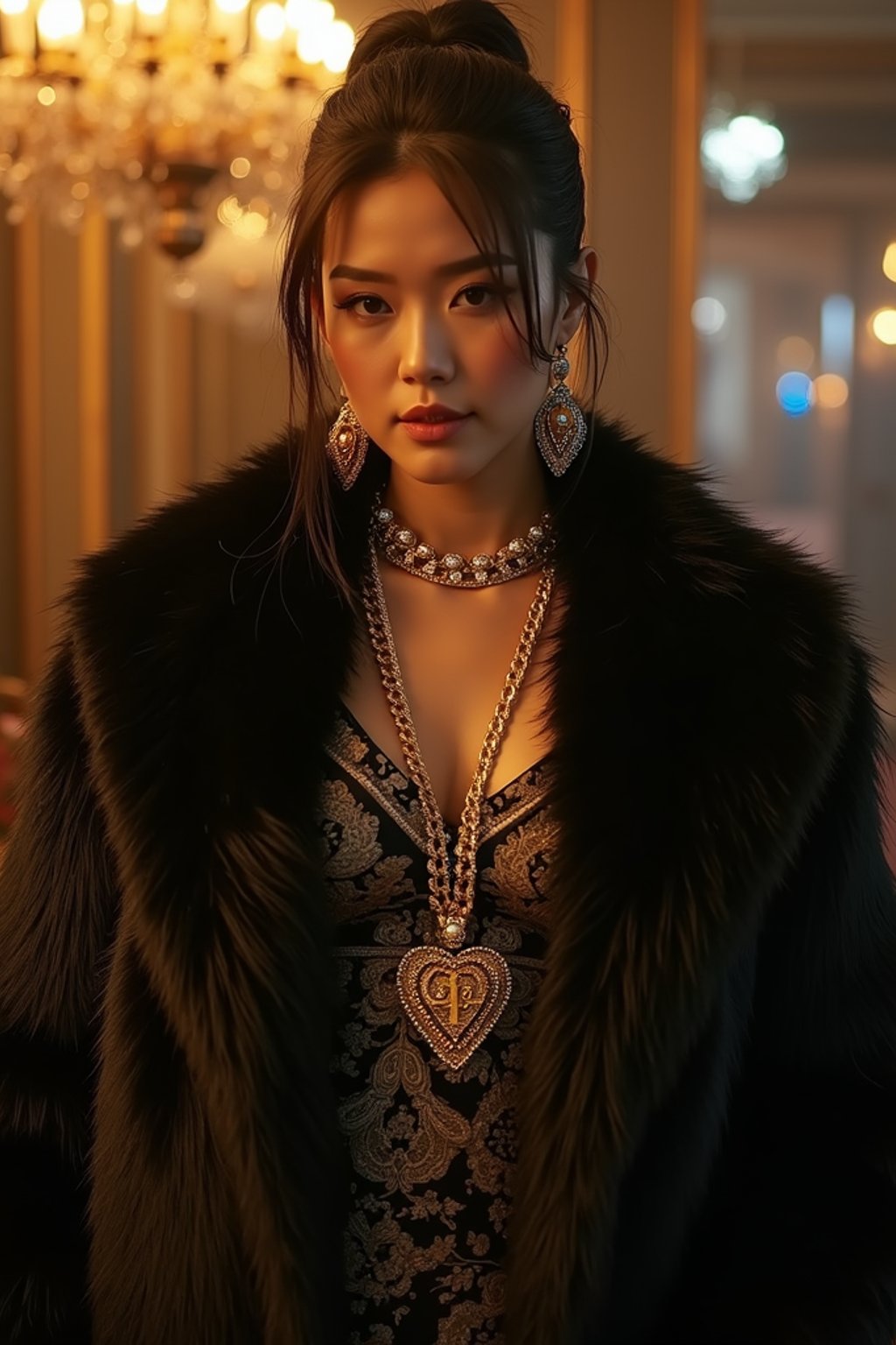 beautiful woman as a mobster, mafia, mafia outfit, faux fur coats, chunky gold jewelry, mafia aesthetic, flashy, glamorous, luxury, loud, Goodfellas, The Sopranos, Mob Wives, opulence, confidence