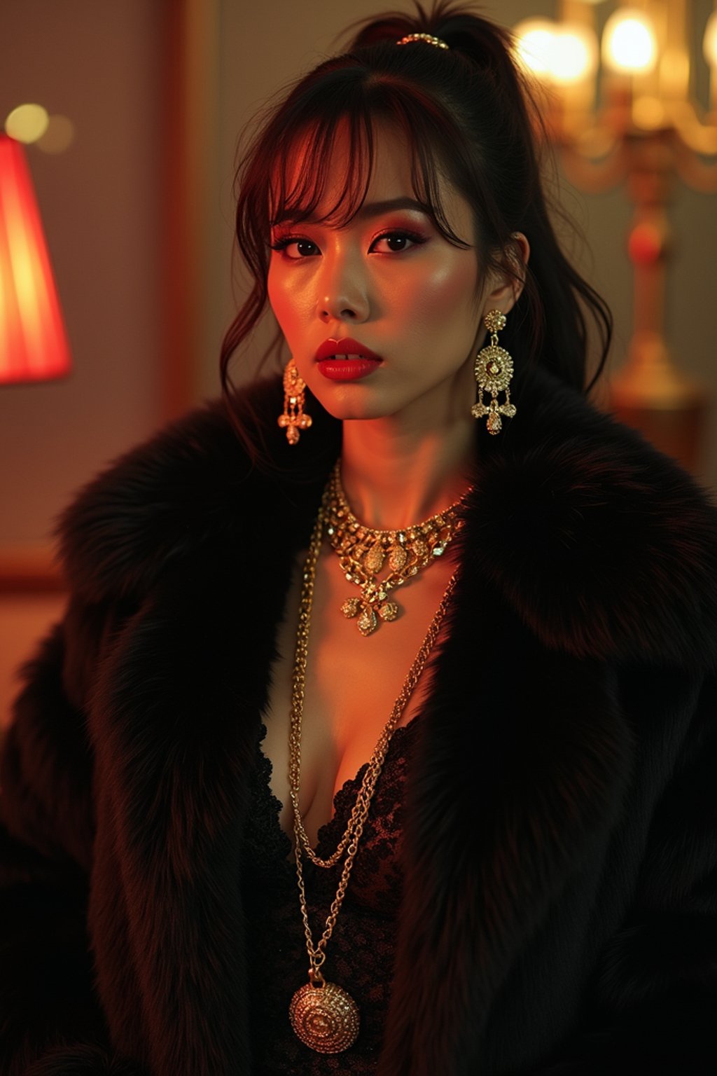 beautiful woman as a mobster, mafia, mafia outfit, faux fur coats, chunky gold jewelry, mafia aesthetic, flashy, glamorous, luxury, loud, Goodfellas, The Sopranos, Mob Wives, opulence, confidence