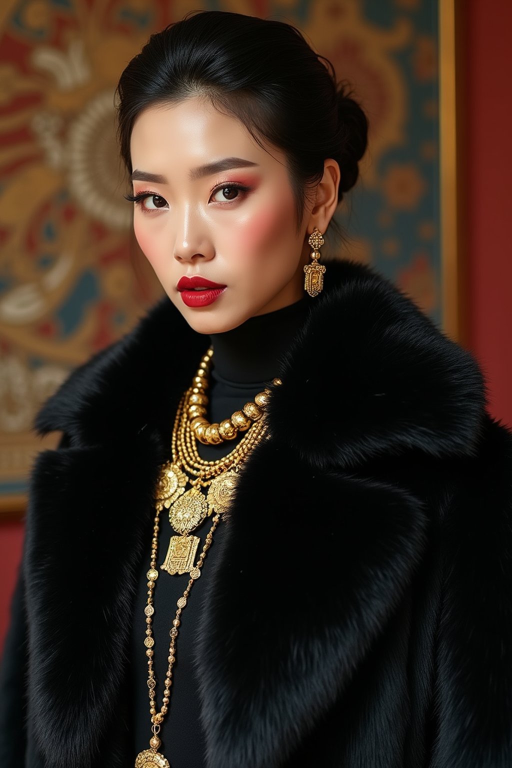 beautiful woman as a mobster, mafia, mafia outfit, faux fur coats, chunky gold jewelry, mafia aesthetic, flashy, glamorous, luxury, loud, Goodfellas, The Sopranos, Mob Wives, opulence, confidence