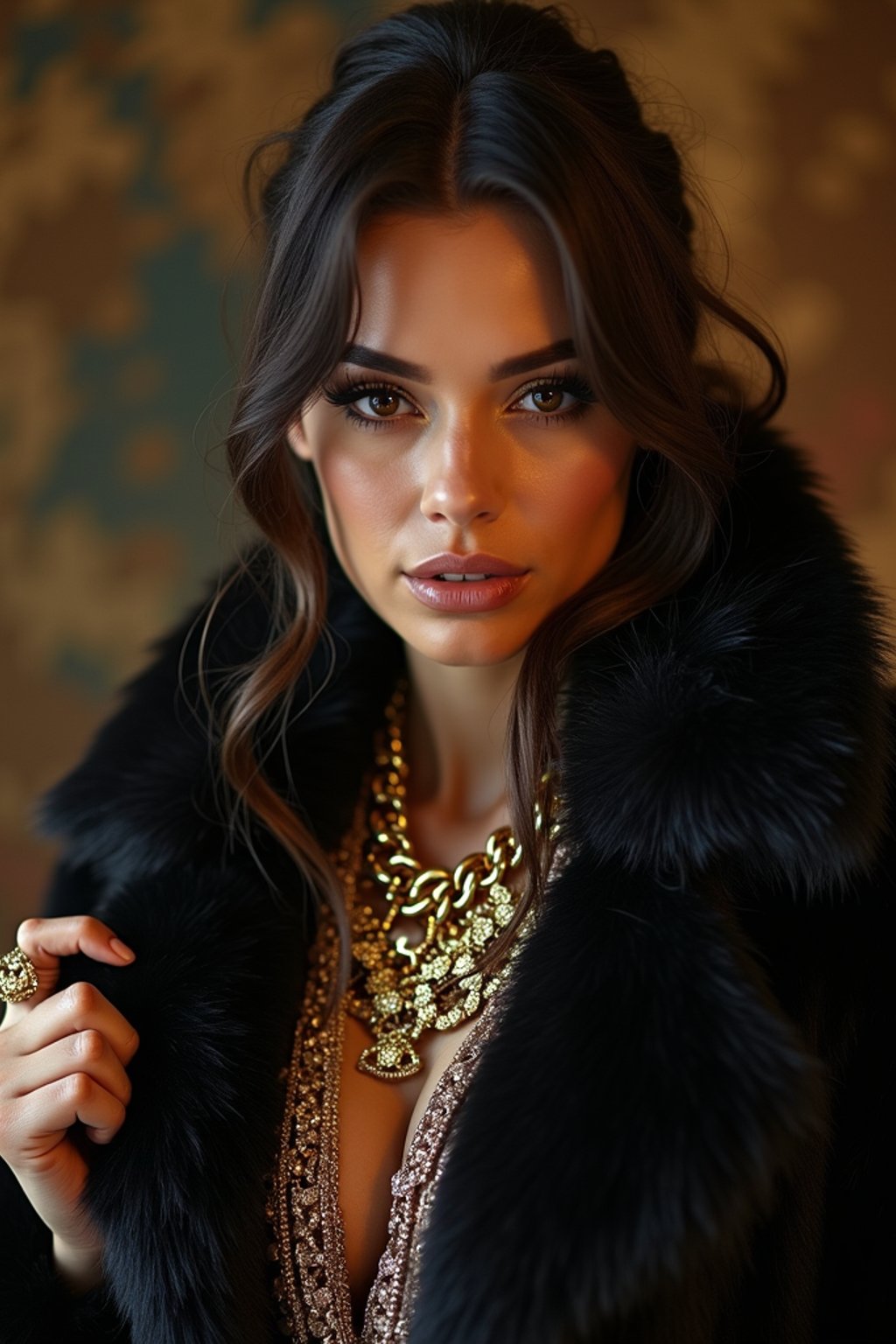 beautiful woman as a mobster, mafia, mafia outfit, faux fur coats, chunky gold jewelry, mafia aesthetic, flashy, glamorous, luxury, loud, Goodfellas, The Sopranos, Mob Wives, opulence, confidence