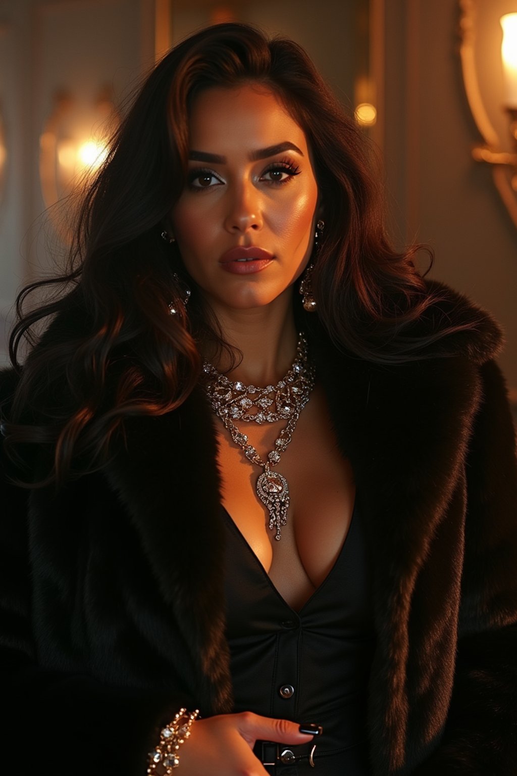 beautiful woman as a mobster, mafia, mafia outfit, faux fur coats, chunky gold jewelry, mafia aesthetic, flashy, glamorous, luxury, loud, Goodfellas, The Sopranos, Mob Wives, opulence, confidence