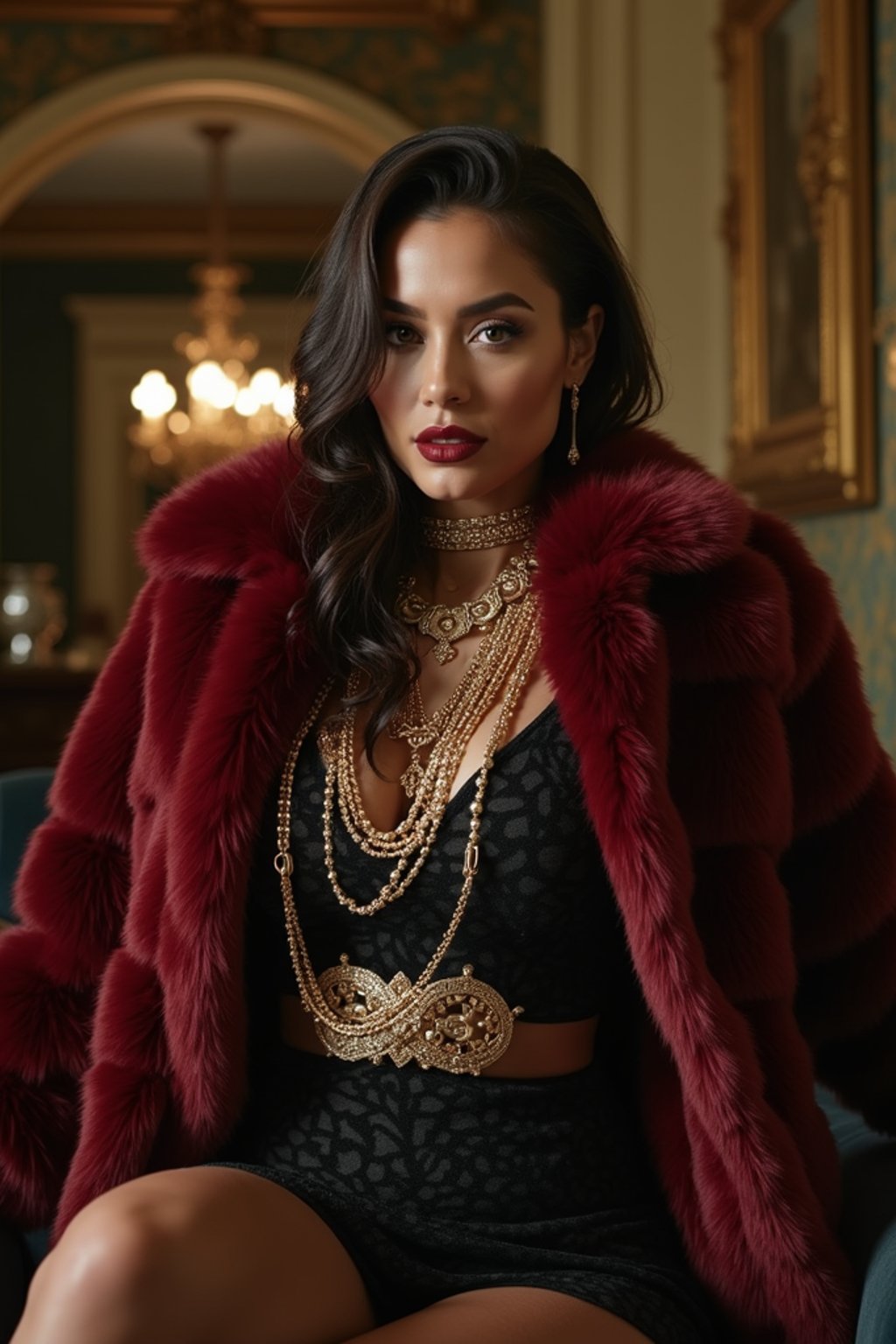 beautiful woman as a mobster, mafia, mafia outfit, faux fur coats, chunky gold jewelry, mafia aesthetic, flashy, glamorous, luxury, loud, Goodfellas, The Sopranos, Mob Wives, opulence, confidence