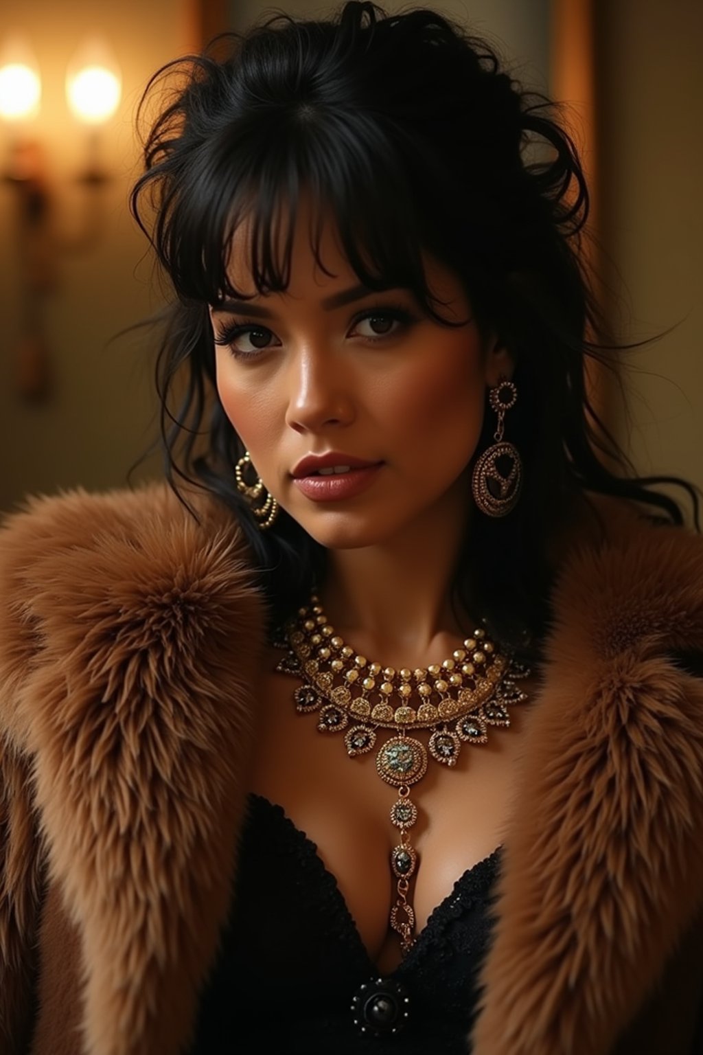 beautiful woman as a mobster, mafia, mafia outfit, faux fur coats, chunky gold jewelry, mafia aesthetic, flashy, glamorous, luxury, loud, Goodfellas, The Sopranos, Mob Wives, opulence, confidence