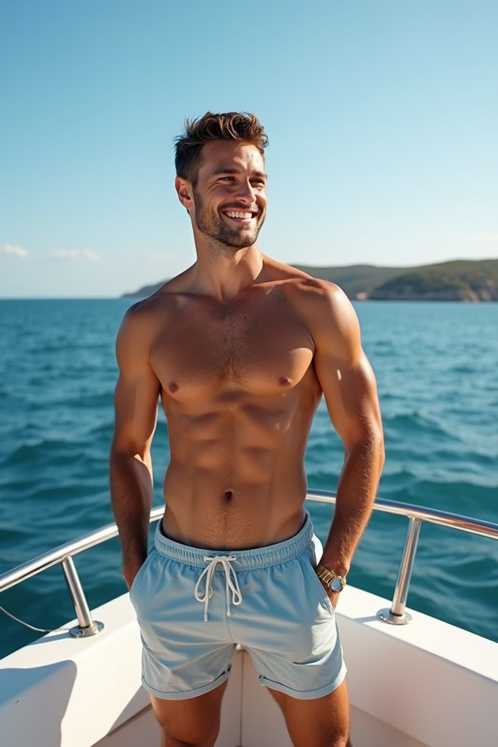 man in  swim shorts on a yacht, enjoying the sun and sea