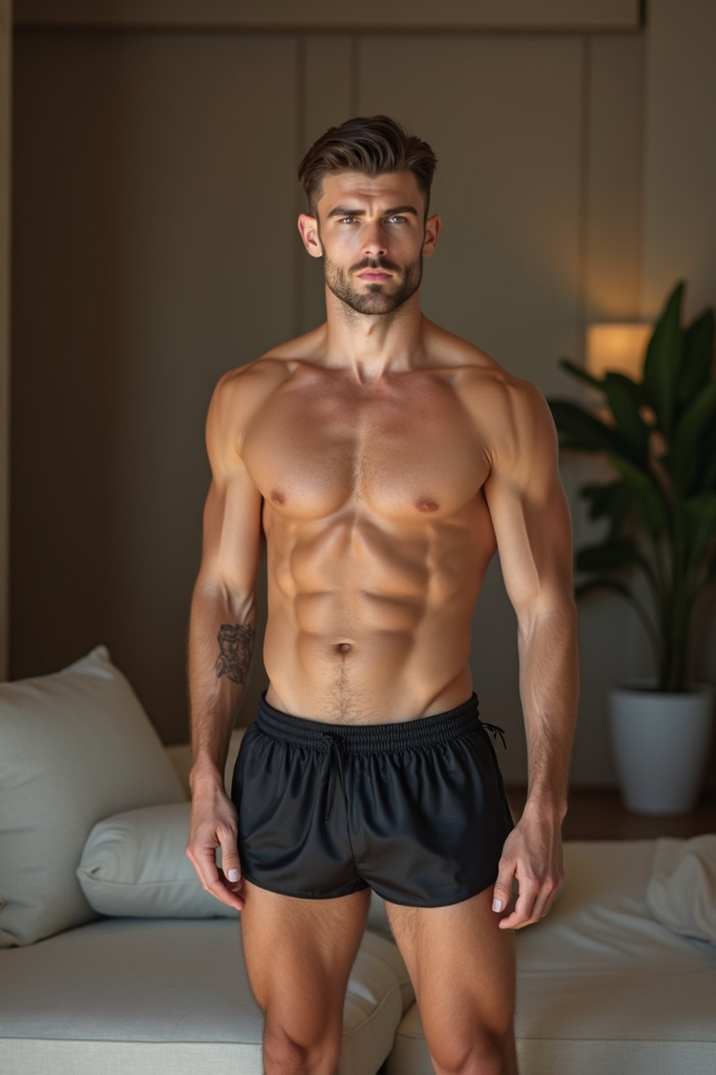 a medium portrait of a man wearing  black silk swim shorts in luxury villa living room, instagram photo,  fit body futuristic bikini