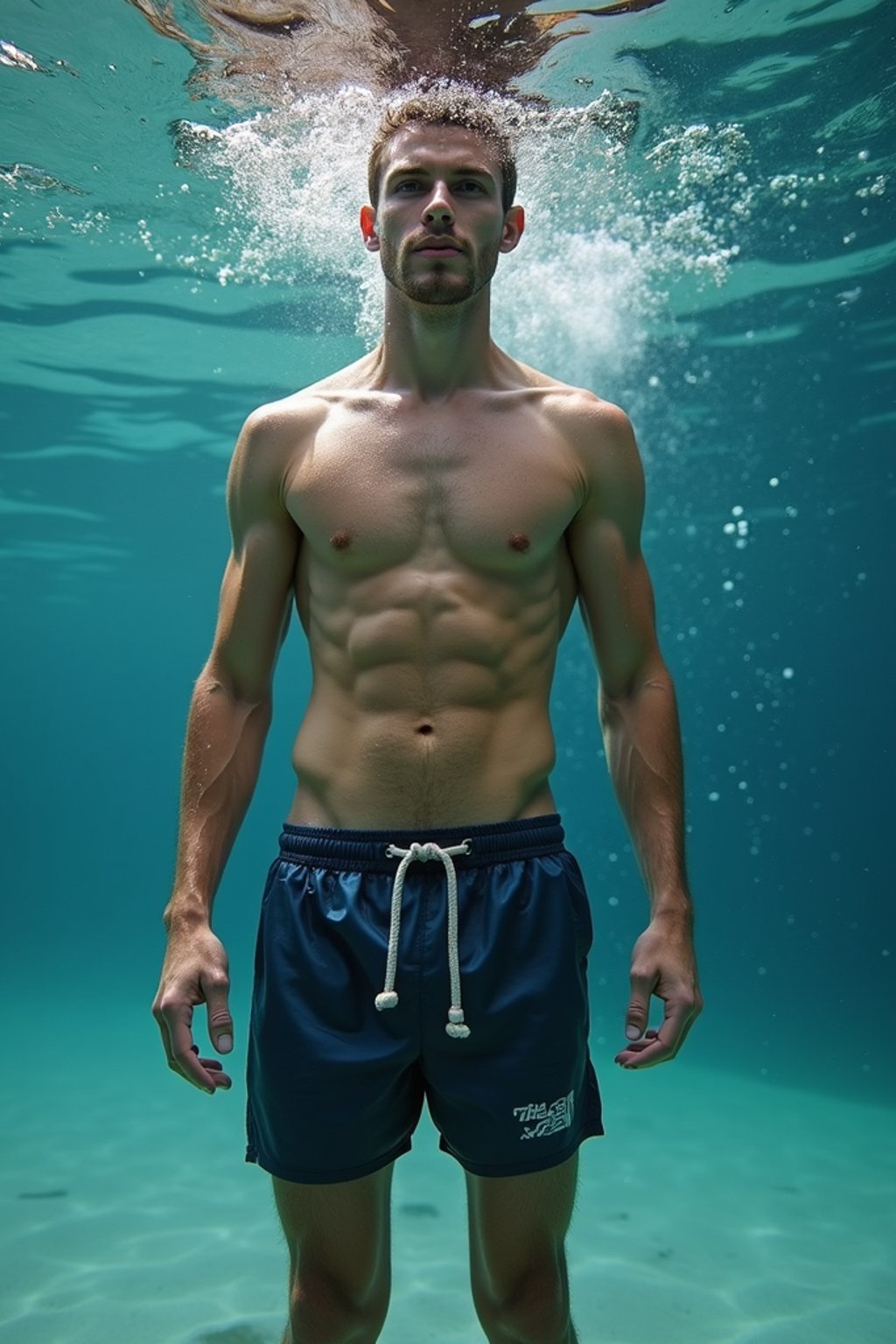 man in  swim shorts underwater, showcasing athletic ability