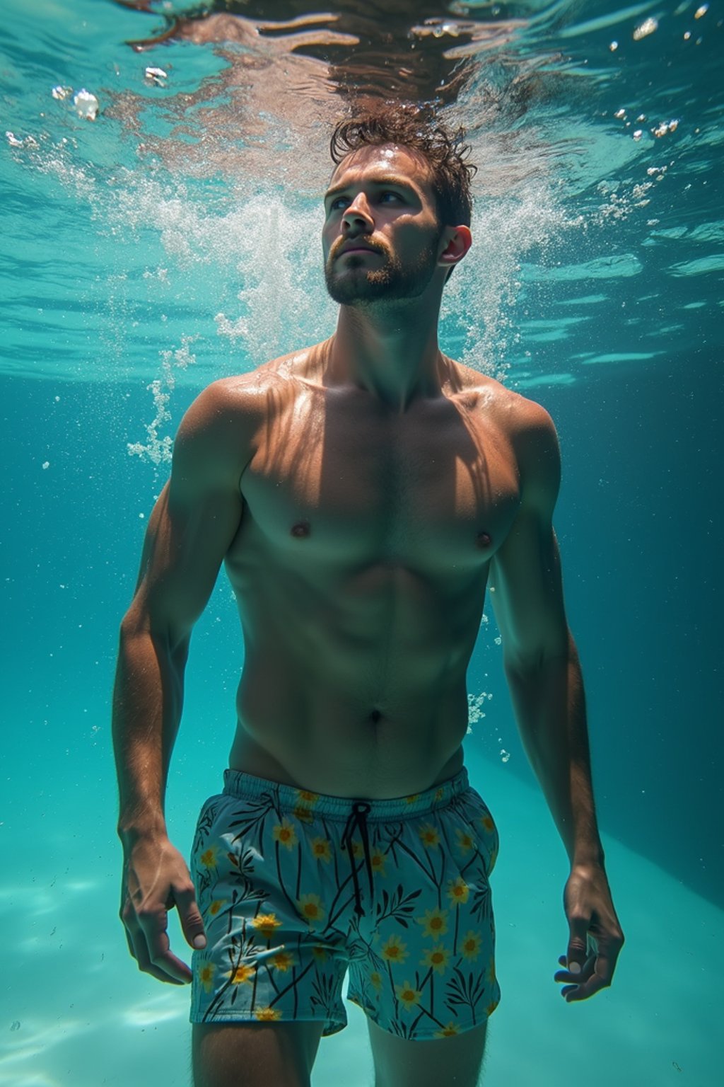 man in  swim shorts underwater, showcasing athletic ability