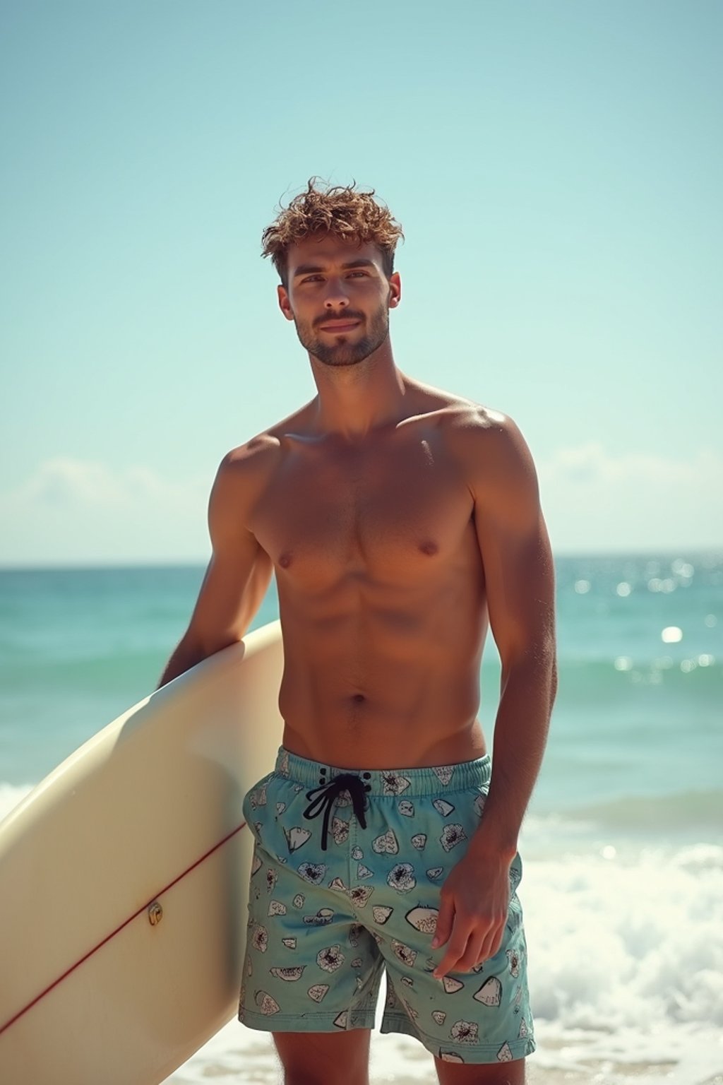 man in  board shorts with surfboard on the beach, ready to ride the waves