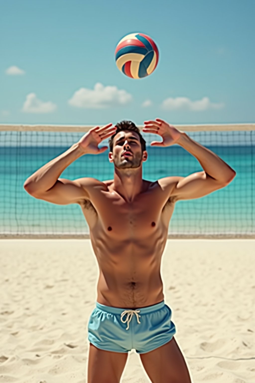 man in  swim trunks on a beach volleyball court, ready to serve