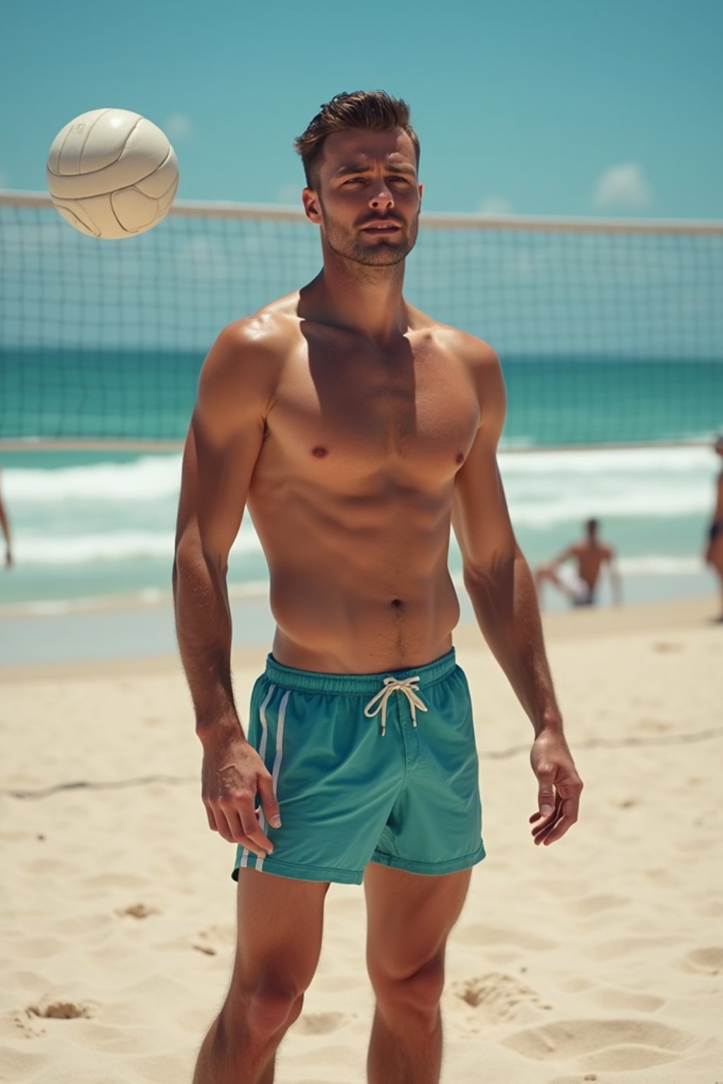 man in  swim trunks on a beach volleyball court, ready to serve