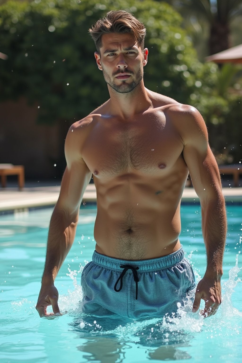 man in  swim shorts by the poolside, making a splash