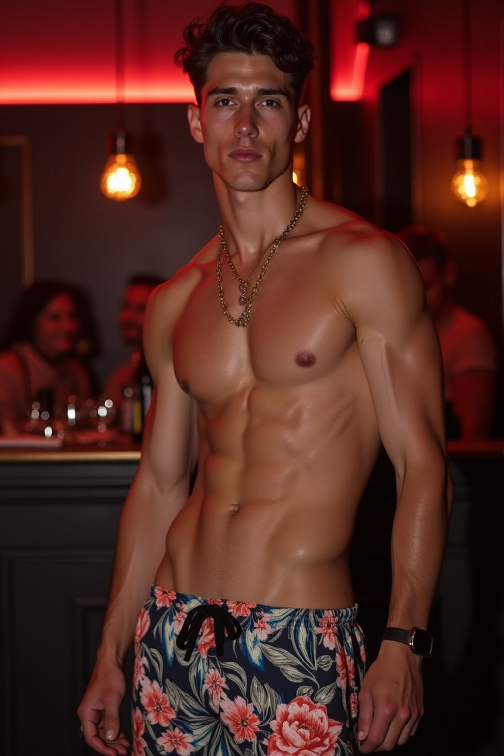 a man wearing  silk floral swim shorts in night club, instagram photo, instagram, , fit body