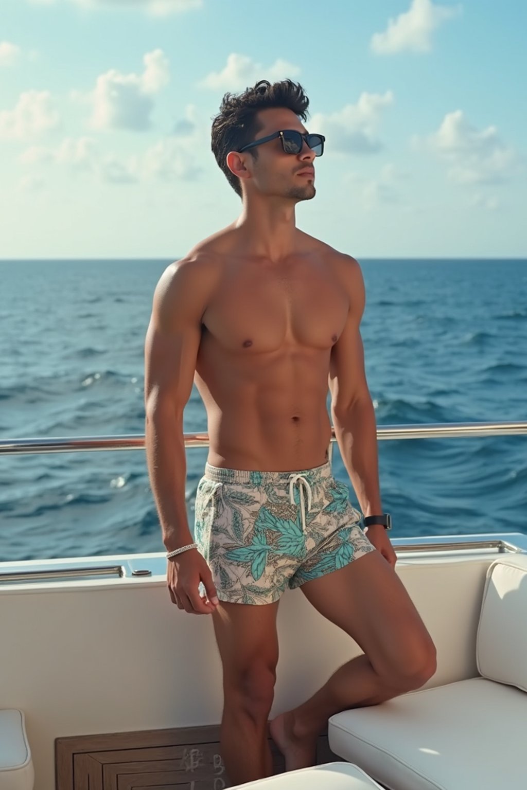 man in  swim shorts on a yacht, enjoying the sun and sea